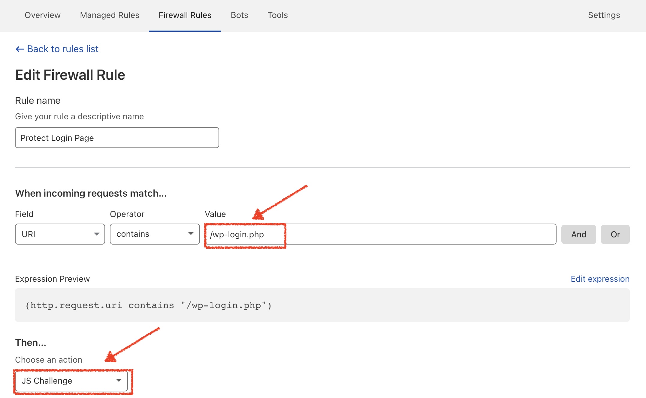 Protect login page firewall rule.