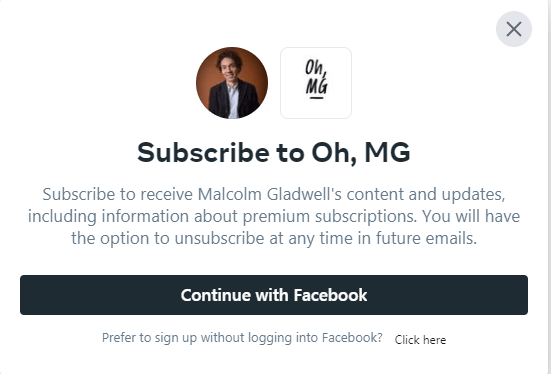 Screenshot of subscription popup