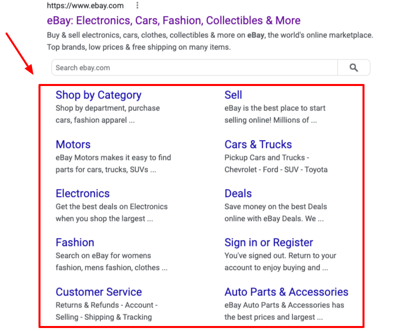 eBay sitelinks in Google search results.