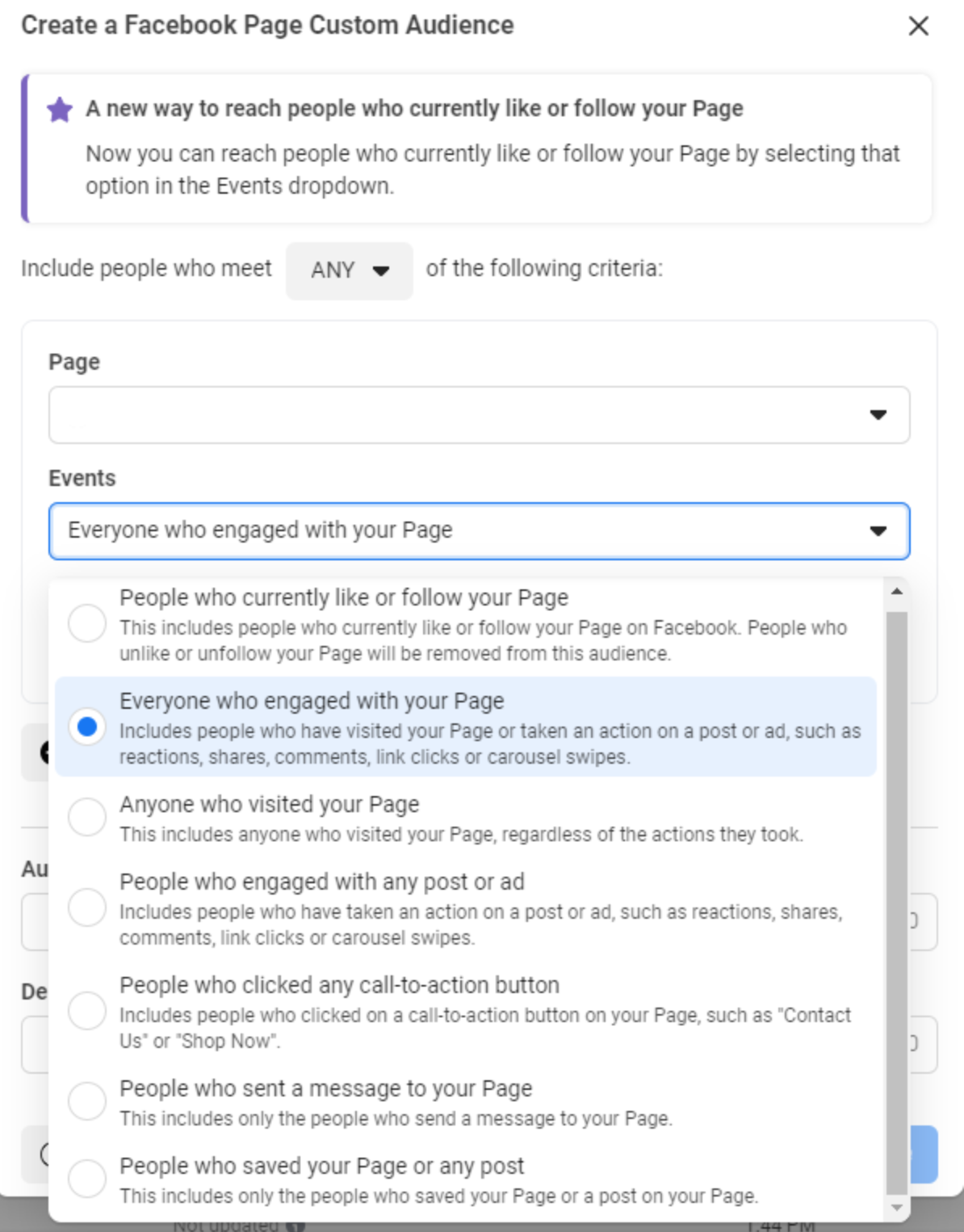 Facebook custom audience including everyone who engaged with your Page.