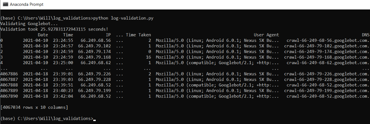 Log validation command line.