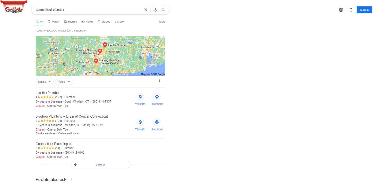 SERP results for "Connecticut Plumber."
