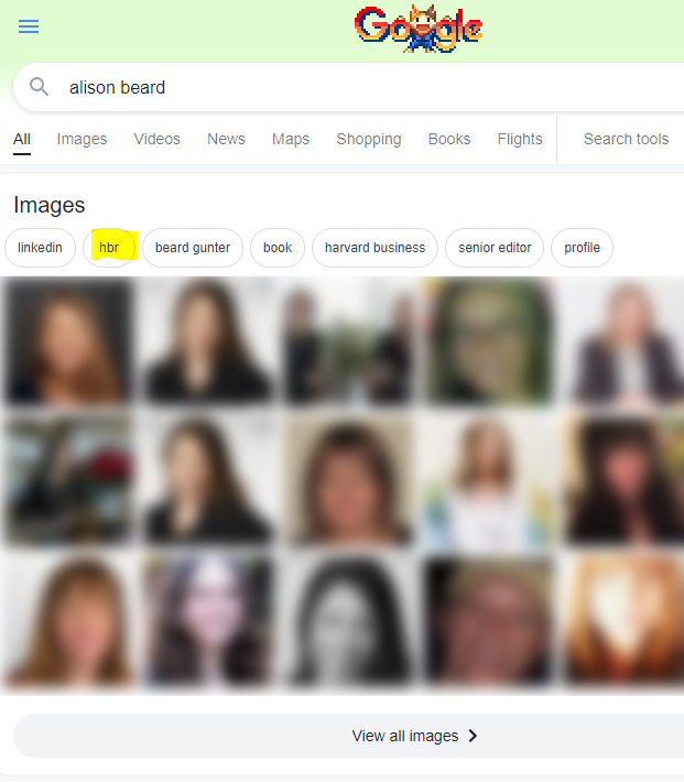 Google search of "Alison Beard" showing association with "hbr."