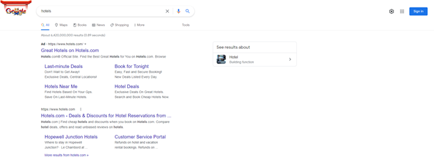 SERP results for "hotels."
