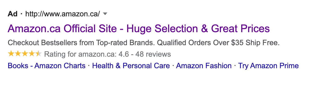 Paid search text ad for Amazon showing star ratings.