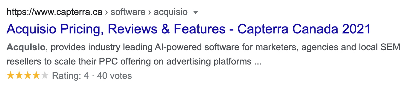 Acquisio review and star rating on third-party review site Capterra.