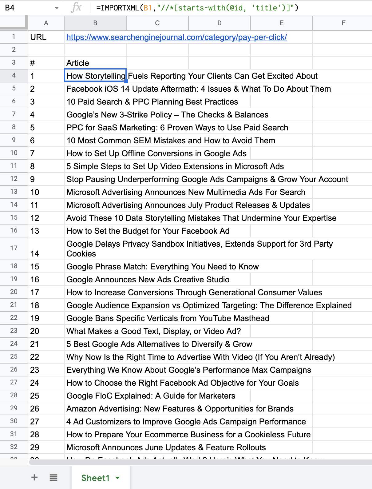 Titles Imported in Google Sheets.