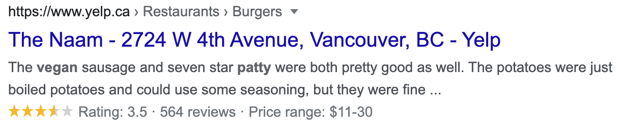Star ratings shown on Yelp search result listing