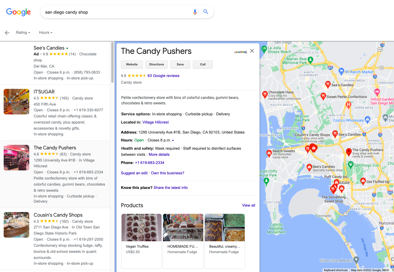 A candy shop Google Business Profile.