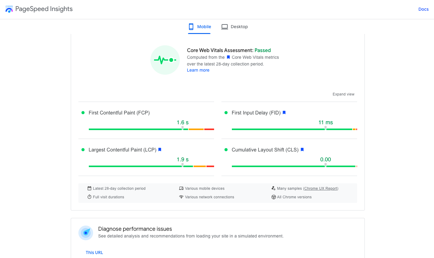 An analysis by Google's PageSpeed Tool.