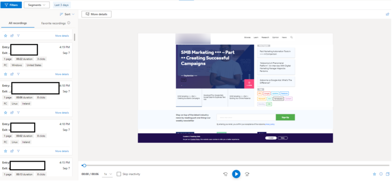 Session recordings in Microsoft Clarity.