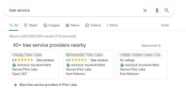 Google guaranteed ads on SERPs.