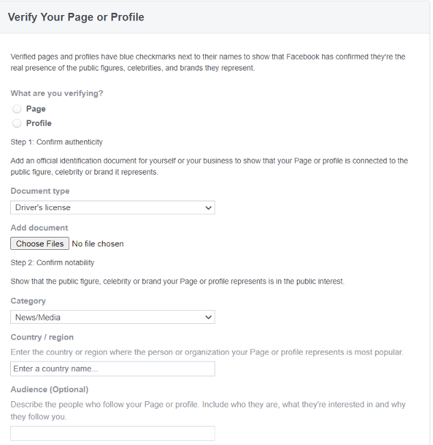 Online form from Facebook’s verification request page.