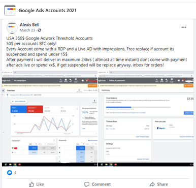Shady Facebook Groups selling Google Ads Accounts