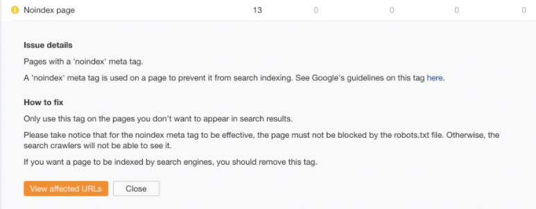 Noindex page issue details form Ahrefs Site Audit.