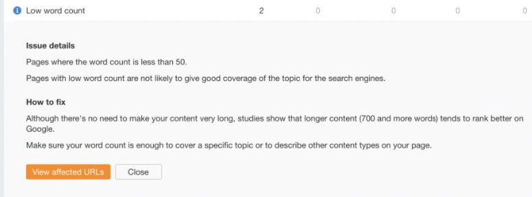 Low word count issue in Ahrefs.