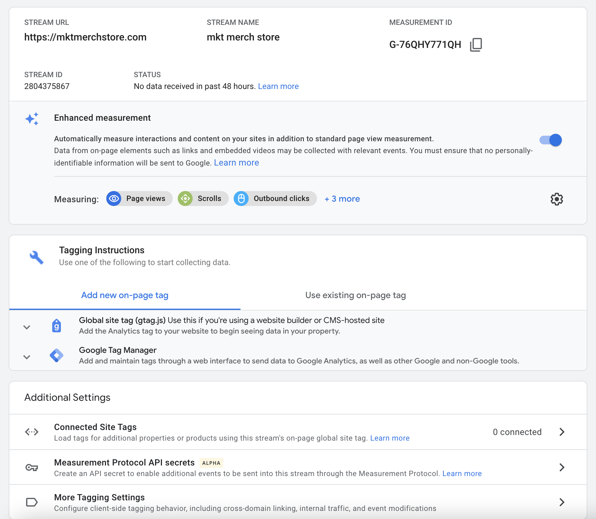 Screenshot of google analytics 4 data stream setup options.