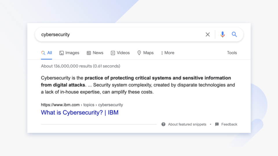 Google search for cybersecurity.