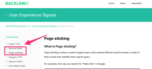 Bounce rate paired with pogo-sticking as user experience signals.
