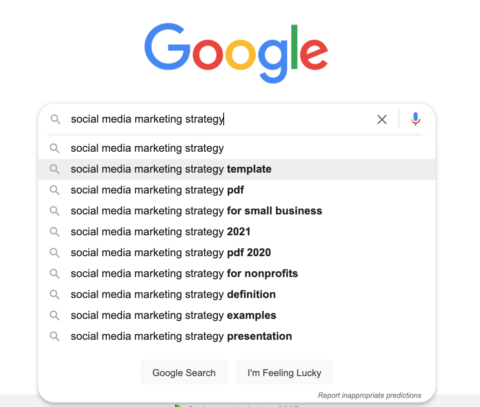 Google search suggestions for "social media marketing strategy."