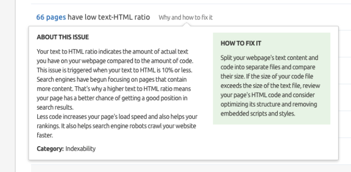 Semrush Site Audit report about low text-HTML ratio.