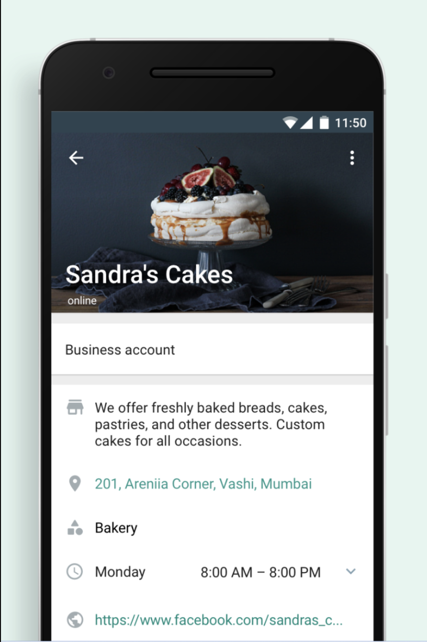 WhatsApp Business "Business Profile" example.