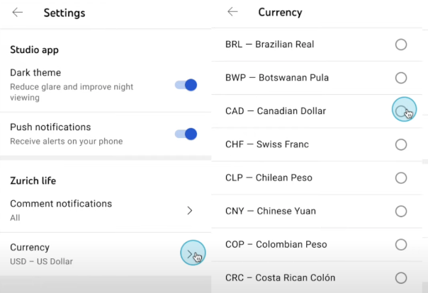 YouTube studio mobile currency settings