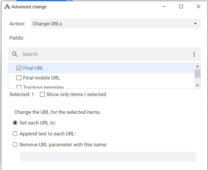 Change URLs tool in Google Ads Editor.