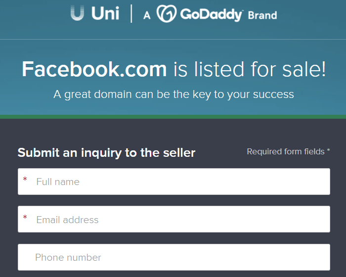 Facebook Domain Listed as For Sale
