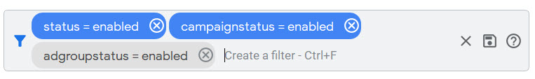 Filter that shows only enabled entities: campaigns, ad groups.