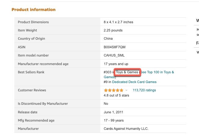 The Product Information on an Amazon product detail page easily shows the category of the product.