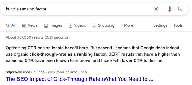 Search result to "is ctr a ranking factor."