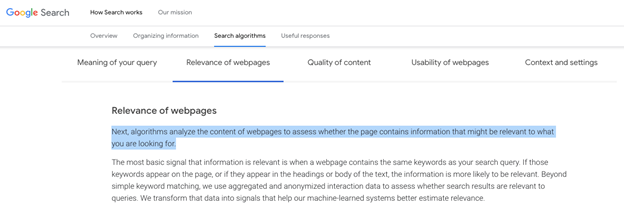 Relevance of webpages.