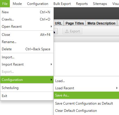 How to save a configuration file in screaming frog