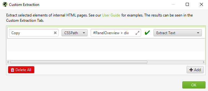 Screaming Frog Custom Extraction Showing Default Options for Extracting the Page Copy