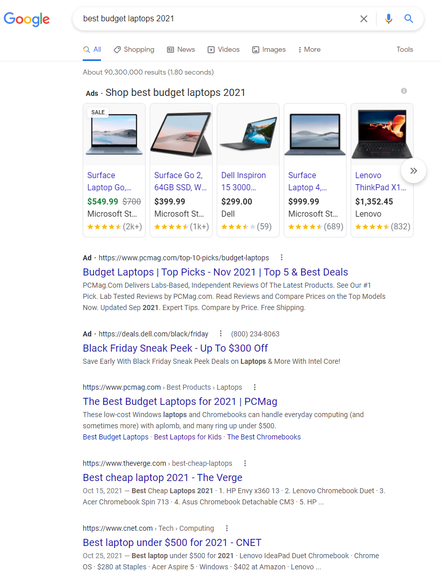 Example of SERPs for laptop search