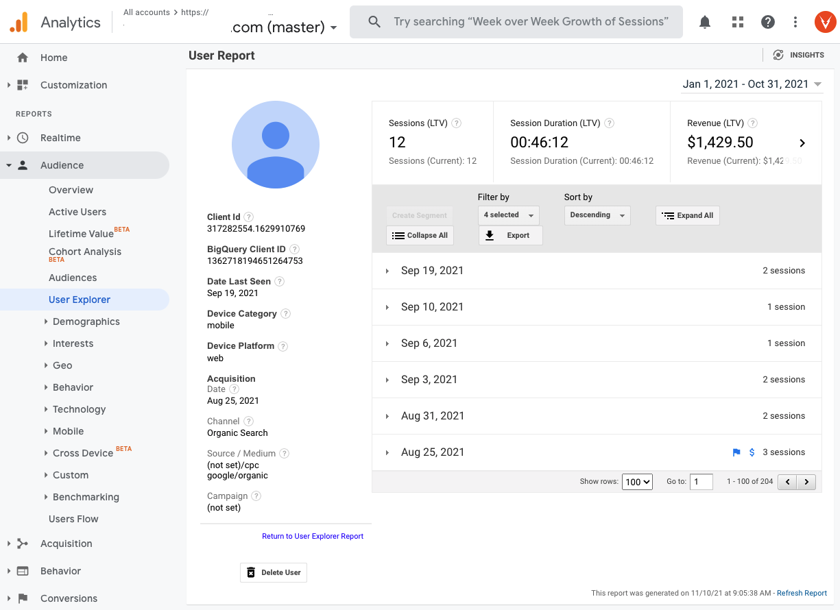 Google Analytics User Explorer Overview