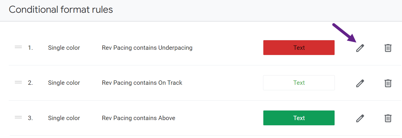 screenshot of conditional format section