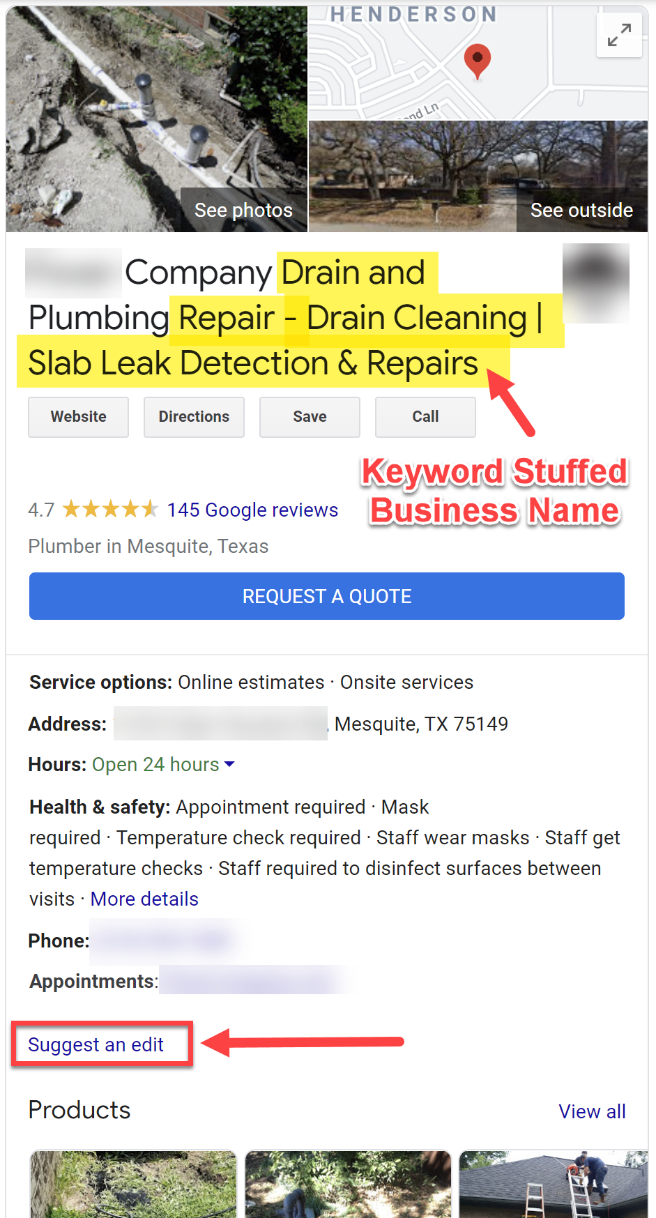 Suggest an Edit Keyword Stuffed Business Name.