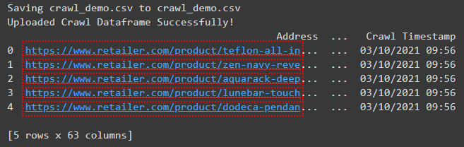 Image showing a dataframe of the crawl file being uploaded successfully