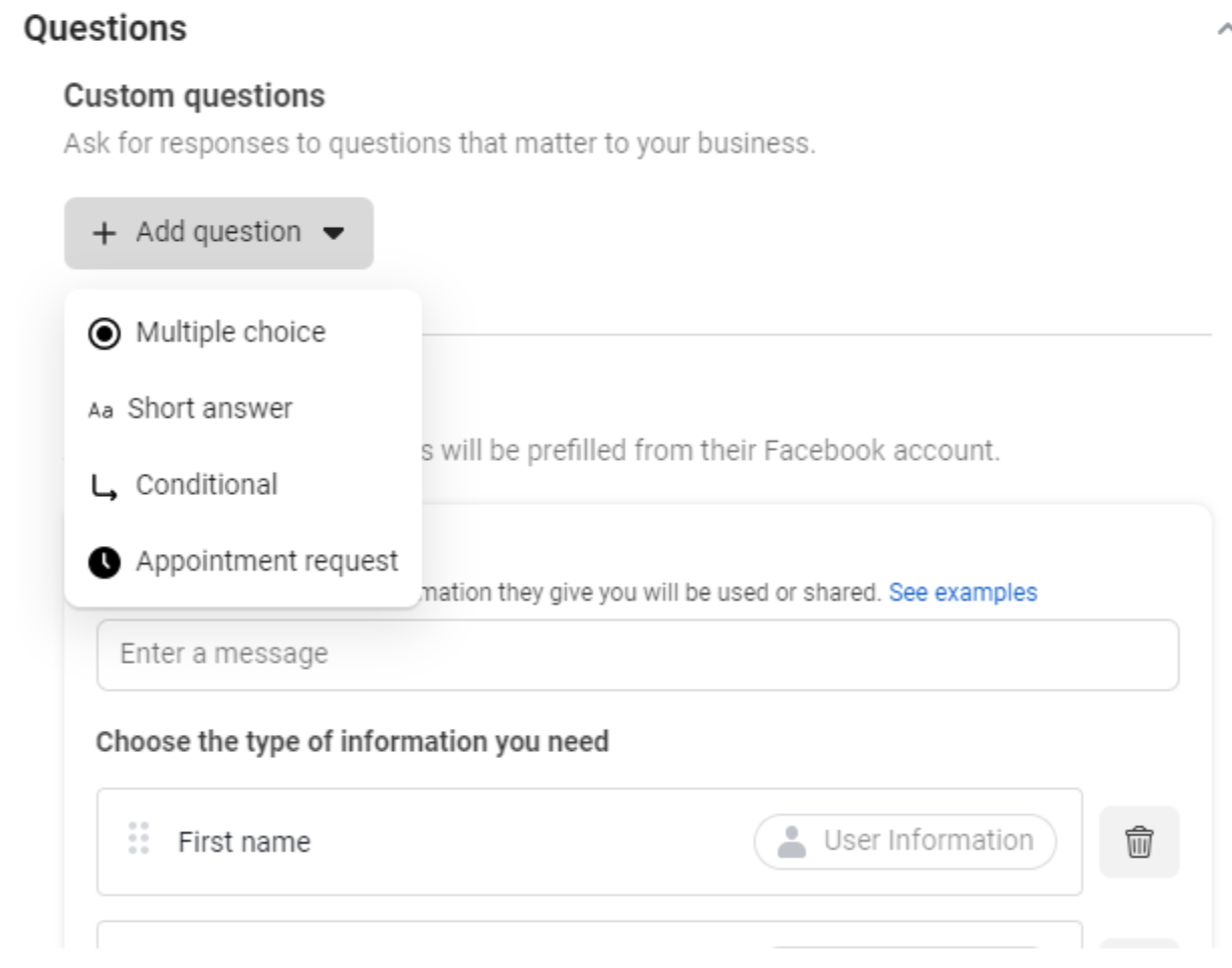 custom questions on facebook lead generation forms