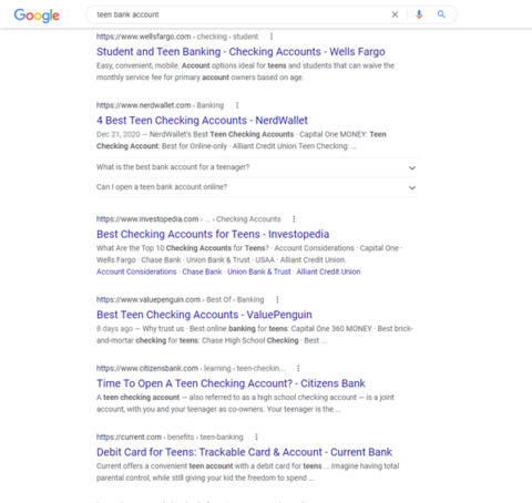 Google Search for teen bank accounts