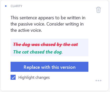 Grammarly warning the author of passive phrasing.