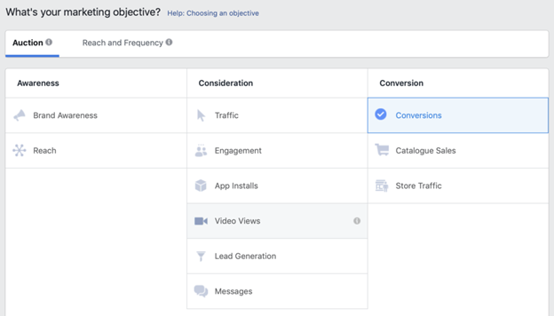 Marketing objective for Facebook Ads.