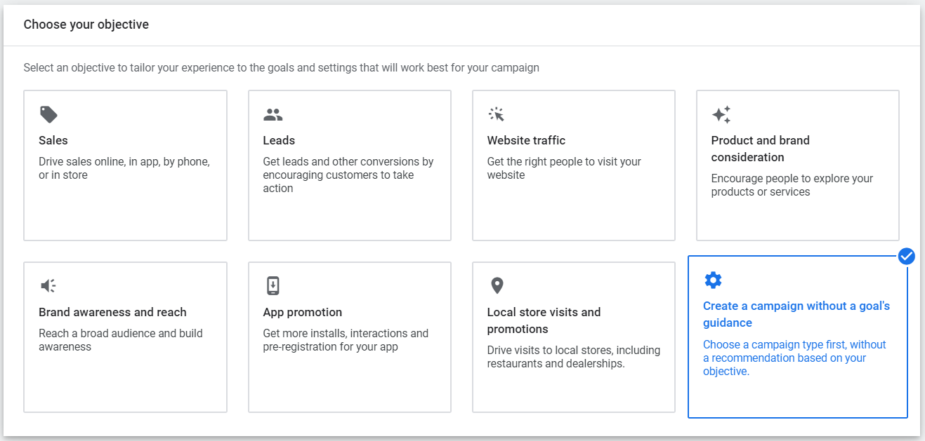 Choose no objective to get all features in Google Ads campaigns.