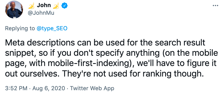 John Mueller tweets about meta descriptions