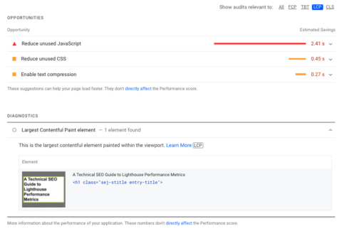 Pagespeed Insights opportunities and diagnostics filtered by metric