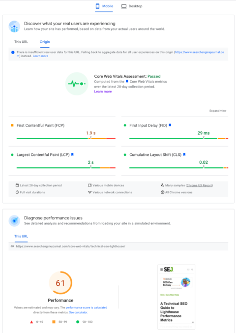 Lab and field data available in PageSpeed Insights