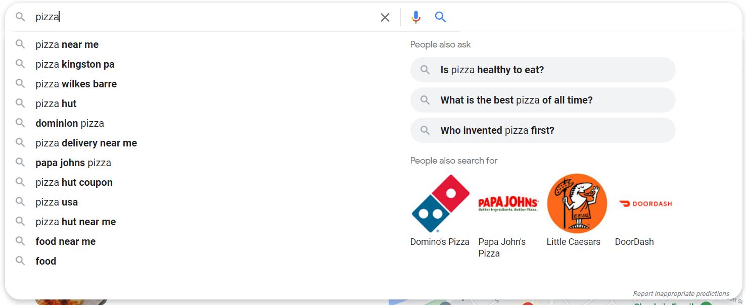 enhanced autocomplete box for "pizza" query