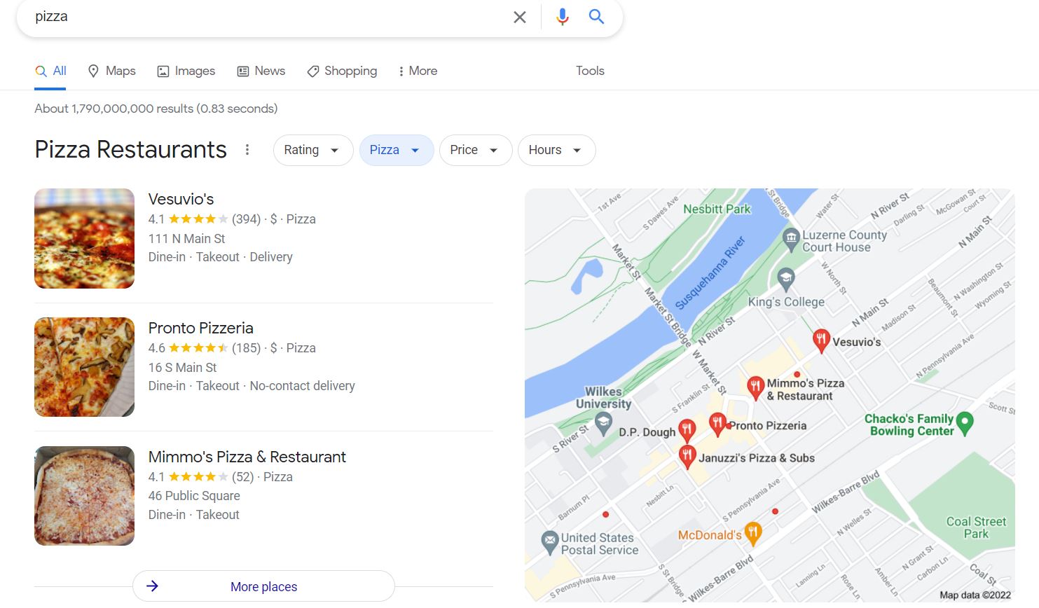 regular SERP for "pizza" query, showing local results